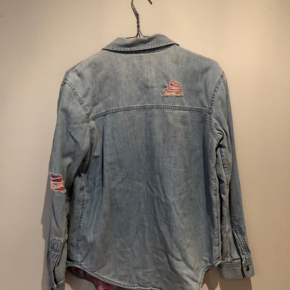 Plaid Lined Denim Boyfriend Shirt - Picture 5 of 7